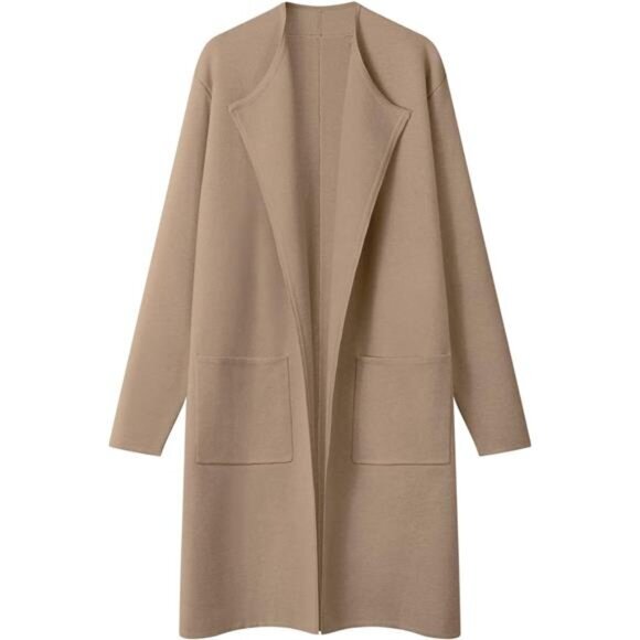 Women's Open Front Coatigan - Long Sleeve Knit Cardigan with Pockets, Khaki‎ - Picture 1 of 7